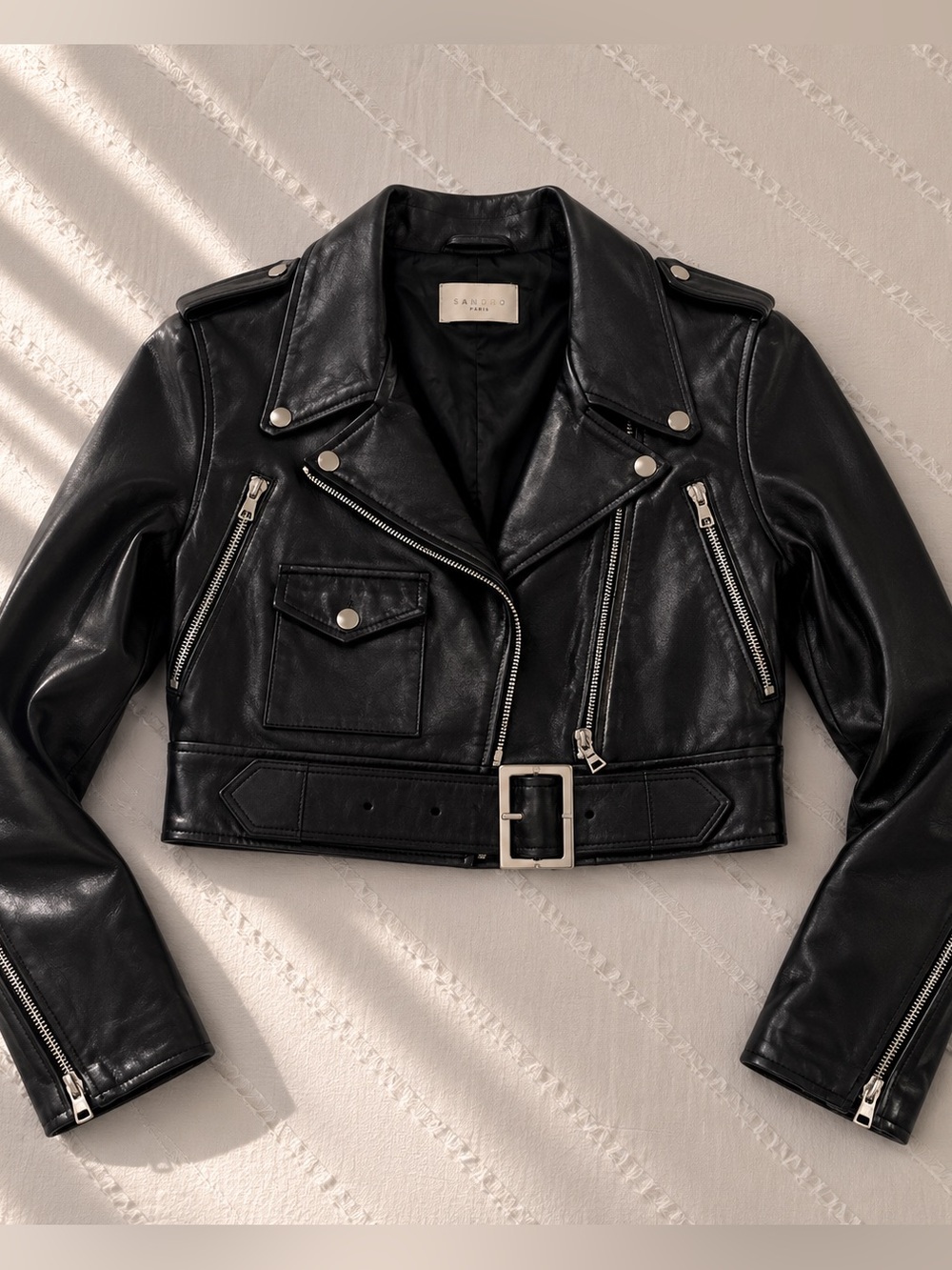 ♥️ SANDRO PARIS • Authentic Lamb Leather Cropped Moto Jacket
